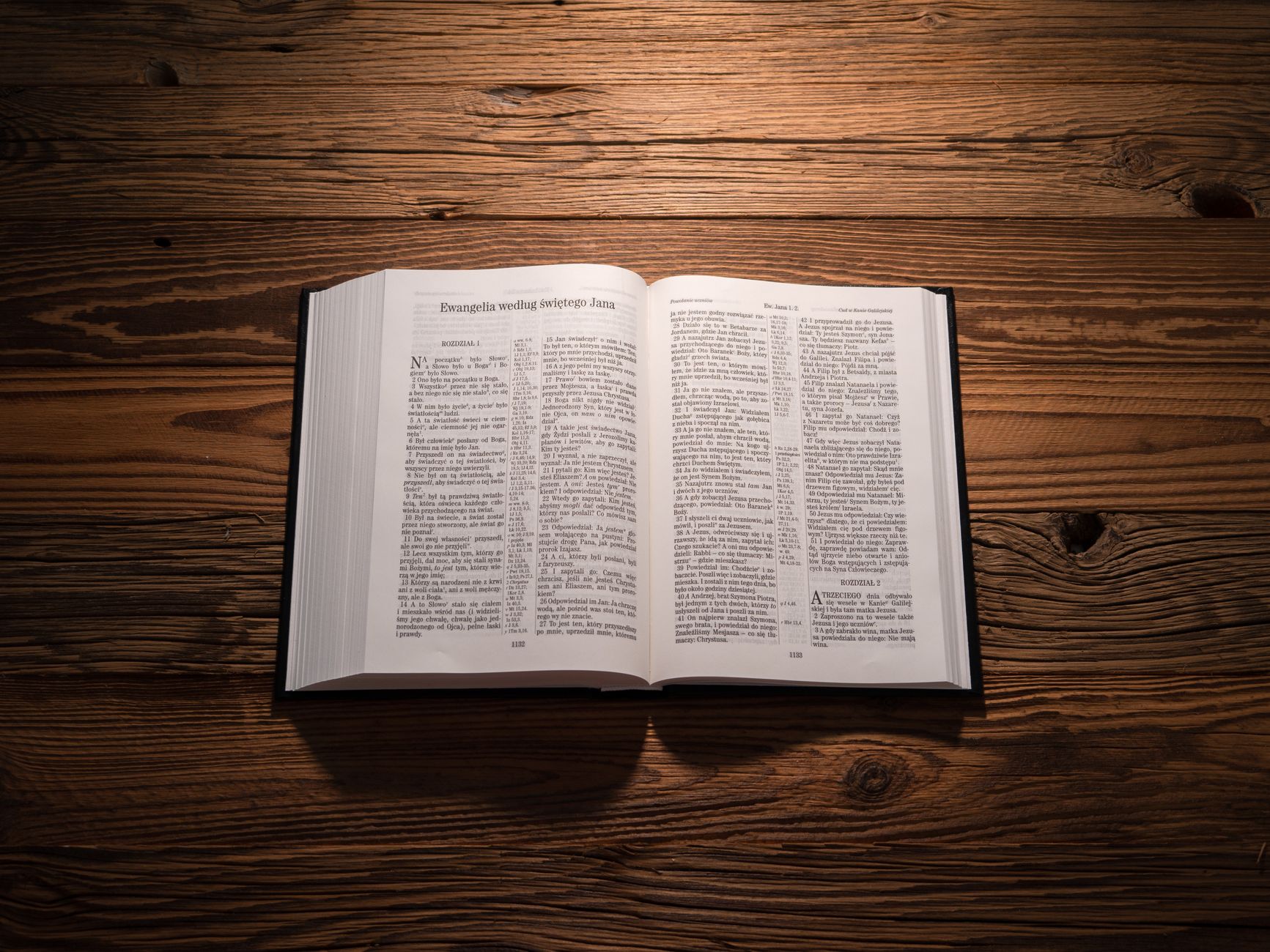 An open Bible on a wooden table