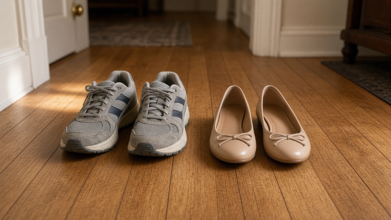 Two different pairs of shoes standing side by side on a hardwood floor