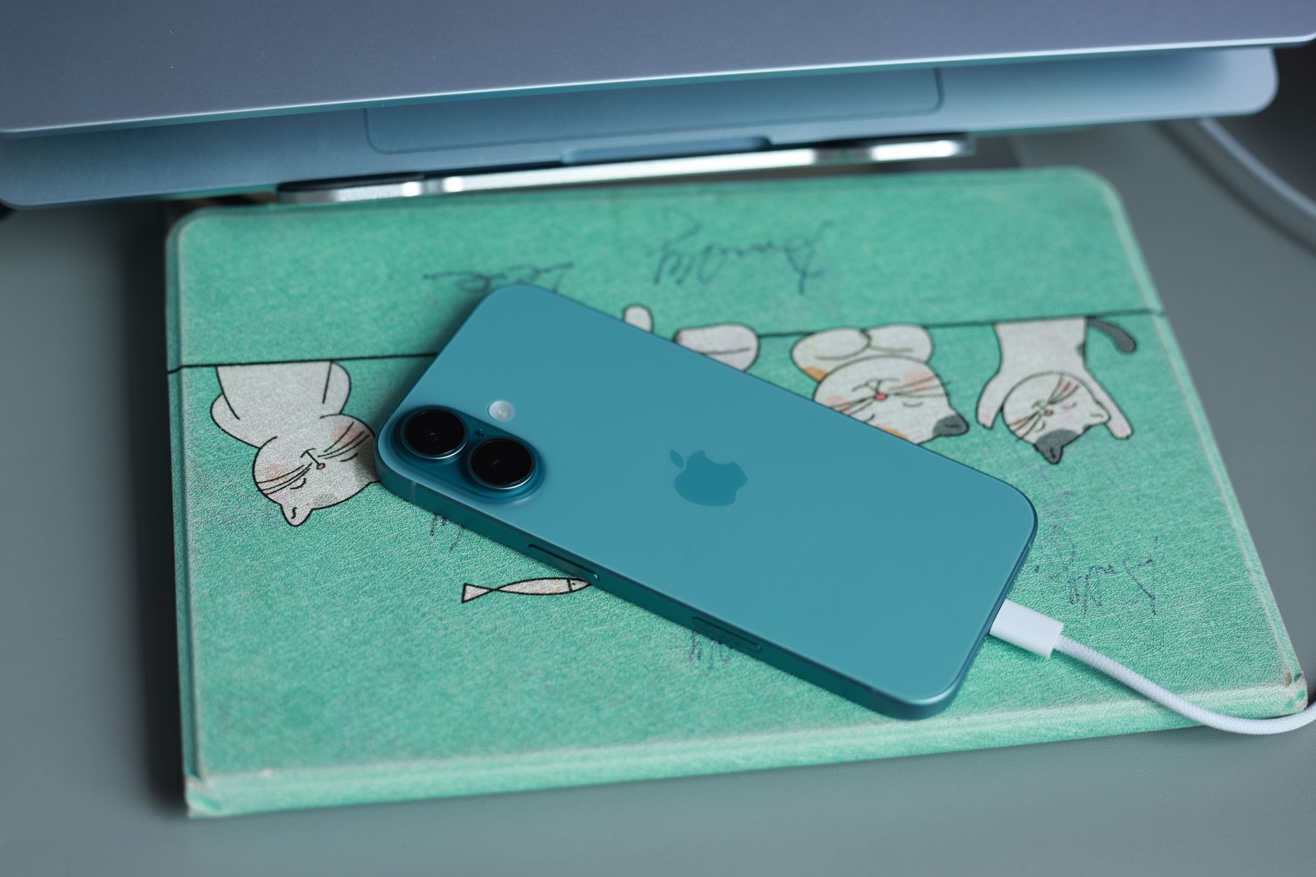 Blue smartphone charging on a cute cat-themed mat beneath a laptop. Perfect for tech and lifestyle content.