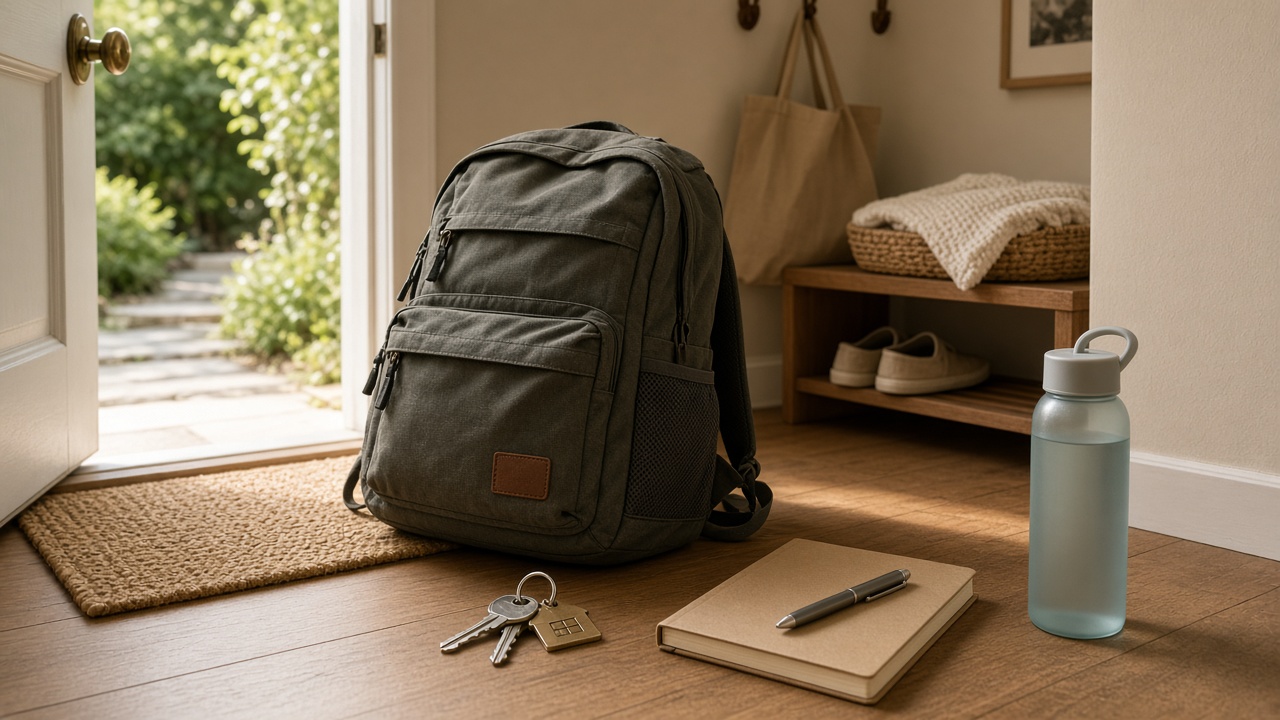 A packed backpack, house keys, notebook, and water bottle by the front door