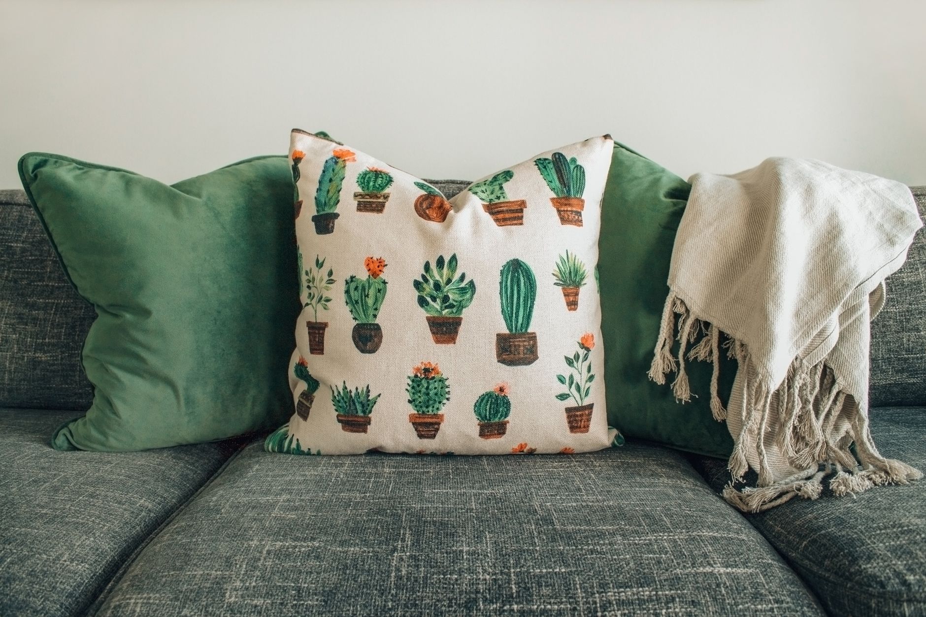 A cozy living room with a sofa and throw blanket